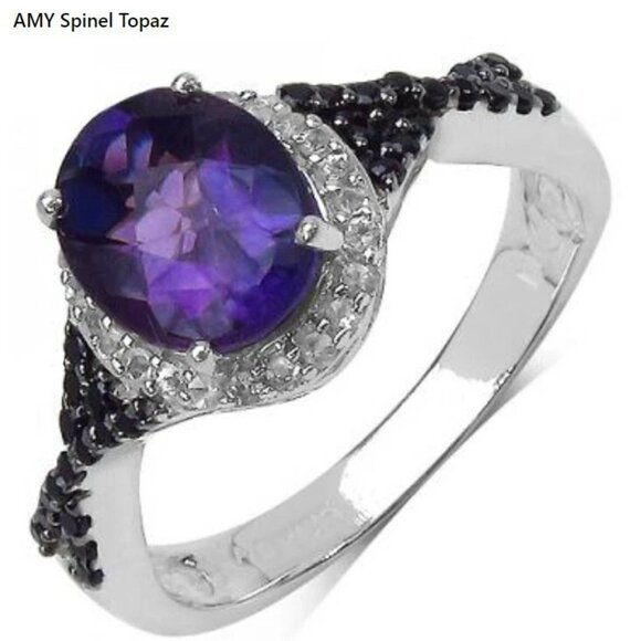 AMY Women’s Amethyst, Black Spinel & White Topaz Sterling Silver Ring (Size 7) - Picture 1 of 5